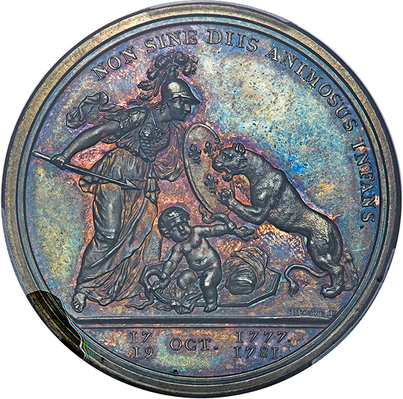 A circa 1783 silver Medal Libertas Americana Medal, shown obverse and reverse, sold for $475,000. The Libertas Americana could be the most important American medal. Examples were struck in bronze, silver, and gold. The silver example was selected to illustrate the front cover of 100 Greatest American Medals and Tokens, where this medal holds the top spot. The obverse side depicts a female head facing left, representing Liberty, her hair flowing back, with a pole and cap over her right shoulder. Above her head are the words &ldquo;LIBERTAS AMERICANA.&rdquo; The date, &ldquo;4 JUIL. 1776&rdquo; is below. The engraver&rsquo;s signature, &ldquo;DUPRE,&rdquo; is placed on the edge of the bust. The medal sold in the Liberty & Legacy auction on June 25. 