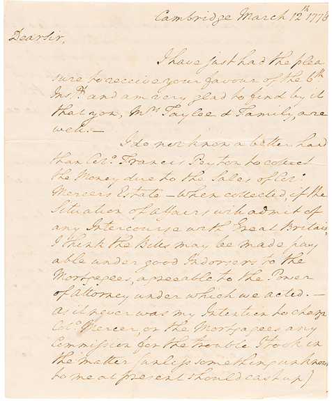 In a letter written in March 1776, a few months before the signing of the Declaration of Independence, George Washington describes the seizure of Dorchester Heights, which forced the British evacuation of Boston. The autographed letter was written by Washington during the siege of Boston and sold for $275,000 (starting bid: $30,000). The letter is written on four pages of a bifolium, 7&frac12;