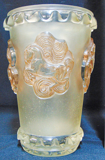 Lalique Art Deco Horse decorated Frosted Crystal Vase.