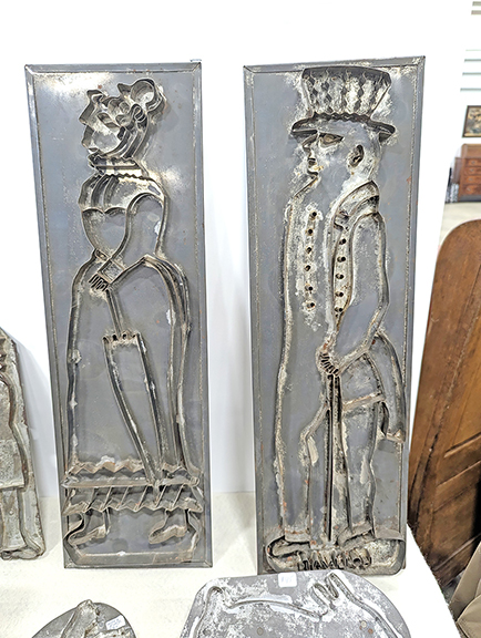 John Kolar of Hershey, Pennsylvania, pointed out these two 19th-century cookie cutters in his dealer space. The figures of Columbia and Uncle Sam are 23½