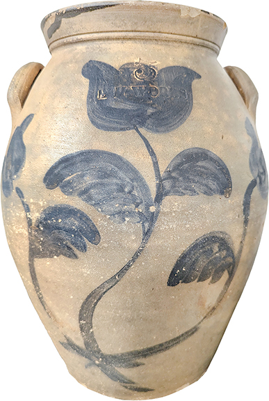 This three-gallon Ohio crock, decorated with bold cobalt tulips and impressed “L H Worbs” (for Laban H. Worbs, 1816-1904), was offered by Zach Christy of WhatAGuy Antiques for $995.