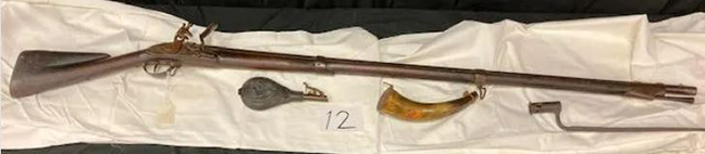12-RARE Charlesville 50 CAL. Flintlock 1800’s Rifle with bayonet & 2 powder flasks, possibly used in the Napoleonic Wars