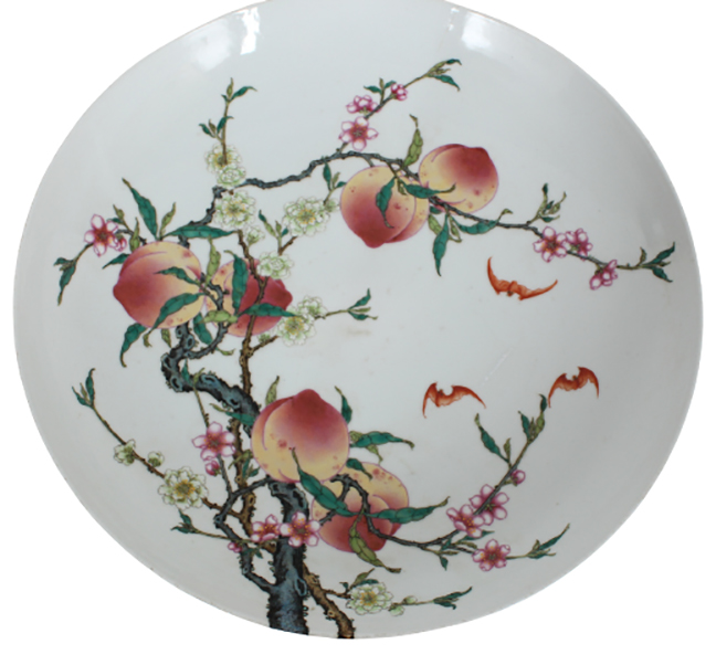 Large Chinese Peach and Bat Decorated Porcelain Charger