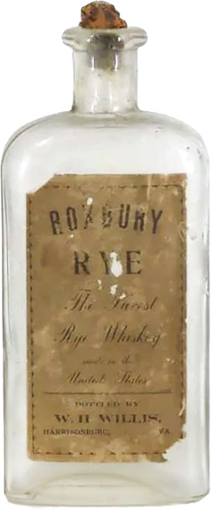 The colorless glass one-pint whiskey bottle once contained Roxbury Rye, “The Purest Rye Whiskey made in the United States.” The 7½