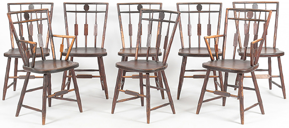 Set of eight 19th-century Lancaster County, Pennsylvania, rod-back Windsor chairs, each with bamboo turnings, six side chairs, two armchairs, possibly by Jacob and Frederick Fetter (working c. 1805-34), sold for $2400 (est. $800/1200) in the salesroom to Thurston Nichols.