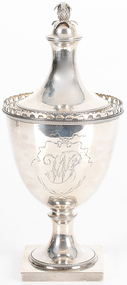 Silver urn-shaped sugar bowl by John David (1736-1798), Philadelphia, circa 1785, sold online for $2280 (est. $1200/1500).