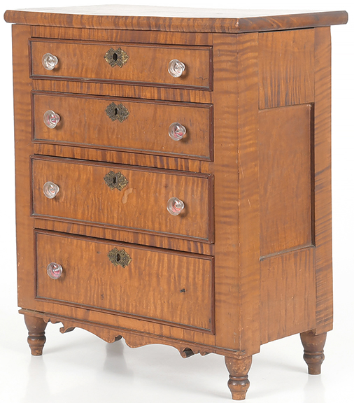 Miniature Pennsylvania Sheraton tiger maple chest of drawers, Chester County, dated 1825, 16½