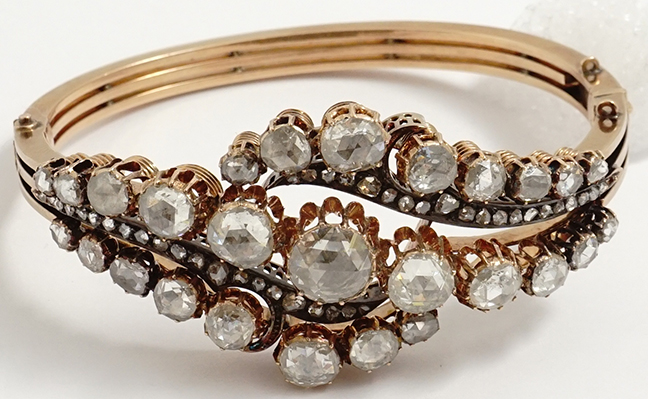 Rose cut diamond and 14K rose gold antique Victorian bracelet ($7/14,000).