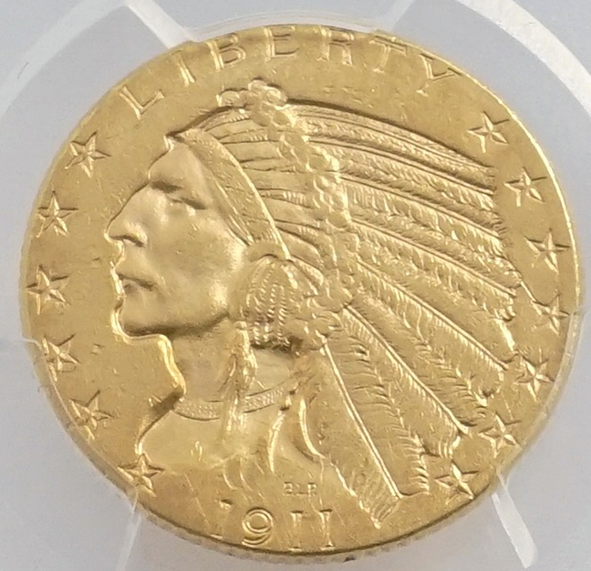 US Indian $5 Gold Half Eagle, 1911-D, PCGS MS60 ($4/7,000).