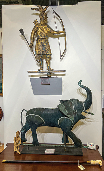 Dennis Raleigh and Phyllis Sommer of Searsport, Maine, offered the rare large Massasoit weathervane by Harris & Co., circa 1885, and it sold quickly. The hollow-body elephant weathervane, originally from Benson’s Wild Animal Farm in Hudson, New Hampshire, was $12,500. The park was in operation from 1926 to 1987.