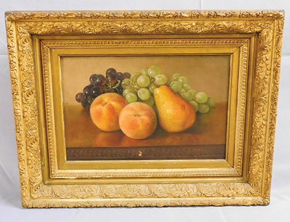 The still life with grapes, peaches, and a pear by Abbie Luella Manchester Zuill (1856-1921), a prominent Fall River school artist, is signed and dated 1891. The 9