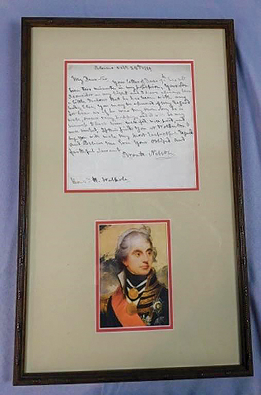 This letter of October 28, 1799, from Admiral Horatio Nelson to his kinsman Horatio Walpole provides information about the welfare of Walpole’s son William, a midshipman under Nelson’s command. Nelson had been given the Dukedom of Bronte in Sicily by King Ferdinand in 1799 for his assistance in driving the French and the Neapolitan Jacobeans from Naples. The letter is signed “Bronte Nelson.” Mounted with a lithograph of Nelson and accompanied by a document of authenticity, it came from the Webb estate and sold for $3720 (est. $2000/3000). 