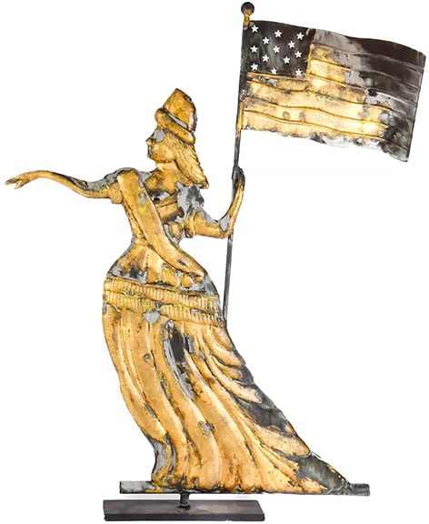 This mid-20th-century Lady Liberty weathervane with a 13-star flag, 36½