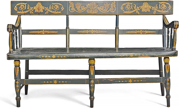 Fancy decorated settee, either from Baltimore or Pittsburgh, 1815-25, mixed woods including pine, original dark green paint with Classical decorations in reddish-gold, 34½