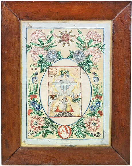 Zoar, Ohio, fraktur, watercolor on paper, featuring a cross, graphic “A,” and cutout and thread-wrapped star, 14