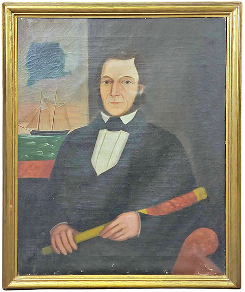 Portrait of a sea captain, probably New England, oil on canvas, second quarter of the 19th century, the man holding a spyglass and seated in front of a window revealing a schooner in the distance, 35½