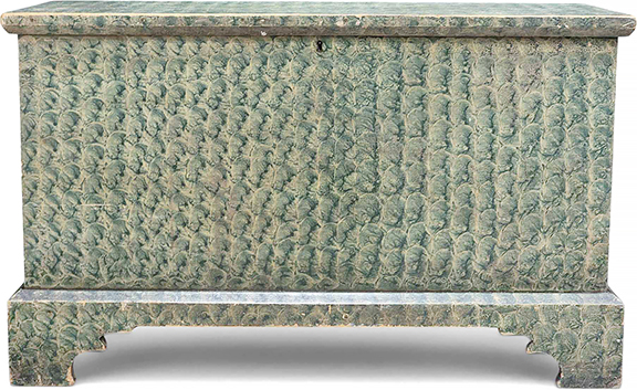 Ohio paint-decorated blanket chest in poplar with original blue putty design, attributed to Crawford County, mid-19th century, 23