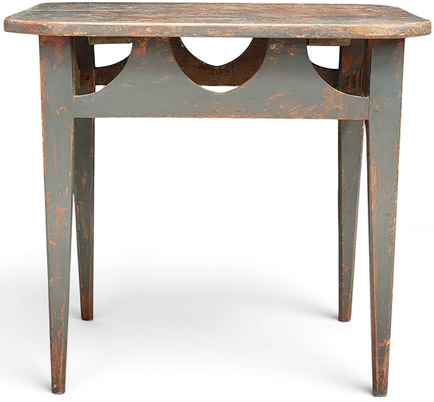 Folky painted table, pine with old gray over red paint, early 19th century, unusual cutout skirt, tapered legs, 27½