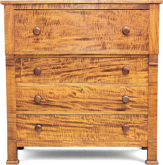 Zoar, Ohio, chest of drawers in curly maple and poplar, mid-19th century, 44