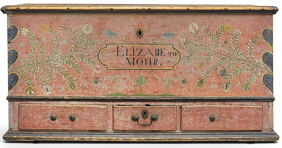 Berks County, Pennsylvania, blanket chest in pine with its original paint decoration, early 19th century, the design including flowers, trees, rabbits (under the name), hearts (on the corners), and a central medallion with the name “Elizabeth Mohr,” 26