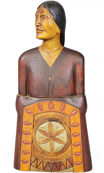 Folk art carved and painted wooden bank, signed on the bottom “Ben Nelson” and dated “October 1910,” separates at the middle to reveal a compartment, 11