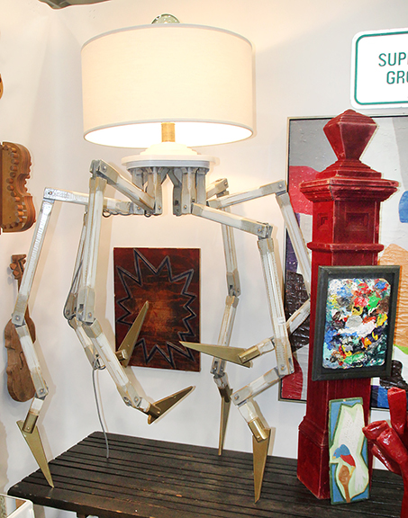 Kirk Albert of Asheville, North Carolina, takes an atypical approach to his job. “This is an intersection of folk art and antiques that truly doesn’t exist anywhere else,” he said. The foundation for his business was developed over 20 years at his shop, Kirk Albert Vintage Furnishings in Seattle, Washington. “There were three thousand square feet of this. The installations were a big thing to me.” But it was more than displays and receipts. “It was about the storytelling. They buy the story, not the object. If they love the story, they love the object.” A first-time seller at Nashville, he brought items that told stories, such as this claw lamp. The articulated base, found in a salvage yard, was paired with a Japanese ocean float used as a finial and hidden from view in this photo by a shade Albert designed. The price was $2400.