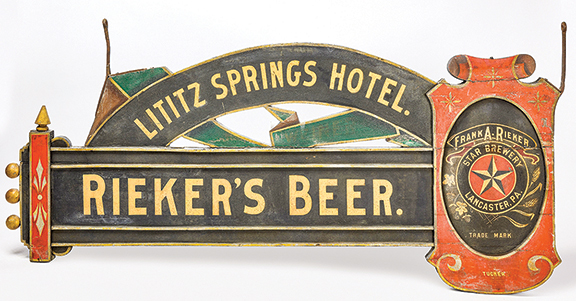 The Lititz Springs Hotel was established in 1764 in Lititz, Pennsylvania, and Frank A. Rieker began brewing beer in nearby Lancaster in 1876. The blending of the two is reflected in the substantial carved wood double-sided sign, circa 1880, that retains the original paint and iron hardware. It was removed from the inn in 1929 when the hotel was renovated. The 39½