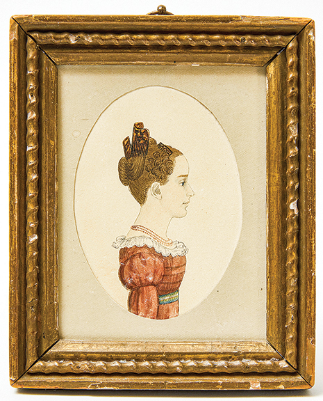 This delicate watercolor miniature portrait of a young woman by Rufus Porter (1792-1884), 3¾