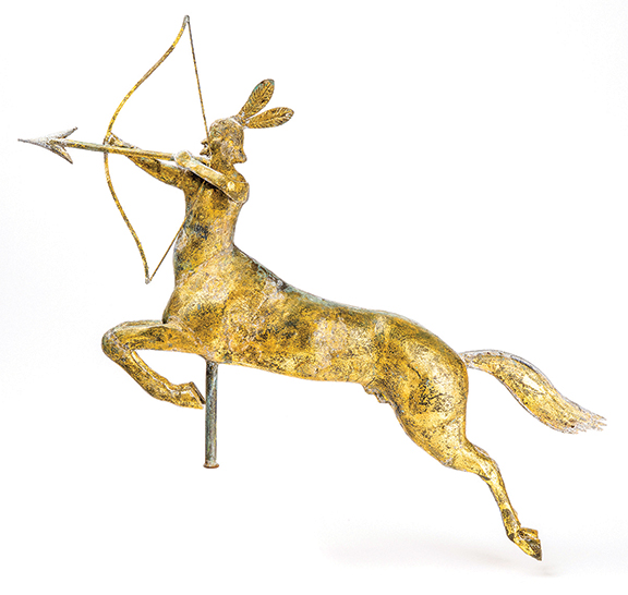 This molded copper and zinc weathervane, circa 1895, in the form of a centaur with a feather headdress, 24