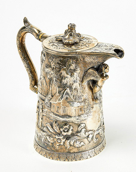 One of the last lots of the two-day auction was a coin silver syrup pitcher by S. Kirk & Son that brought $4030 (est. $200/300). Standing 7
