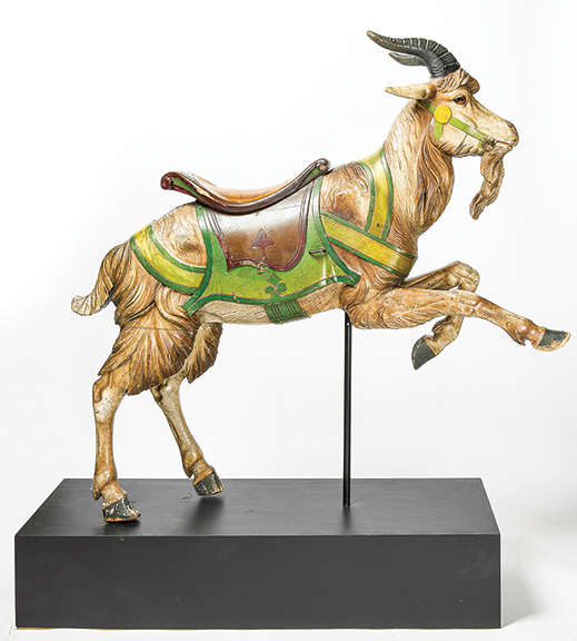The Gustav Dentzel (1846-1909) carousel goat is attributed to the noted Philadelphia master menagerie carver Salvatore Cernigliaro (1880-1974). In original condition, the goat fetched $23,560 (est. $15,000/25,000).