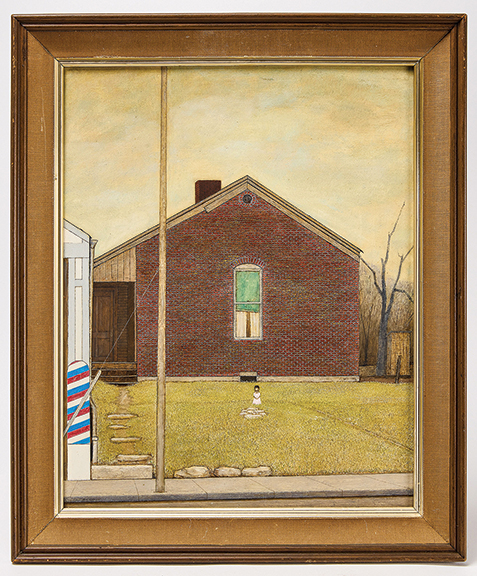 Pantry House by self-taught Tennessee artist Bill Sawyer (1936-2020), showing a young girl in front of a house, brought $13,640 (est. $2000/4000). The precision of the 19 3/8