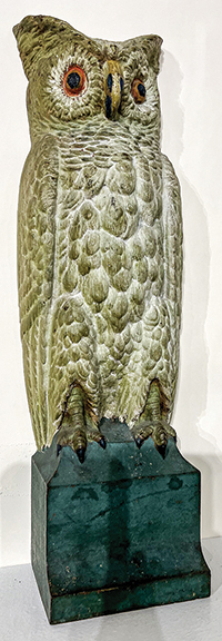 Cast-iron great white owl doorstop by Bradley & Hubbard, Meriden, Connecticut, $1750 from David Thompson Antiques & Art, South Dennis, Massachusetts. From the early 20th century, it sports its original paint decoration and is marked on the back “B & H 7797.” It sold.