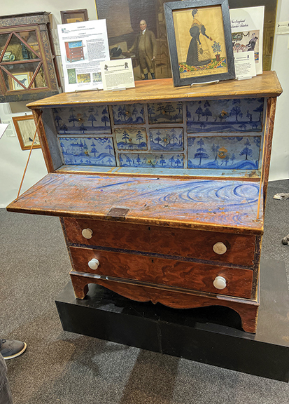 The highly unusual desk has monochromatic scenes painted on the interior drawers attributed by Linda Carter Lefko of the Center for Painted Wall Preservation to self-taught wall muralist John Avery Sr. (1790-1871). It was $25,000 from McClard Segotta Antiques, Weare, New Hampshire. The Joseph H. Davis (1811-1865) portrait of 24-year-old Abigail Hall, dated May 1836, ex-Dudley and Constance Godfrey collection, was $9500. 