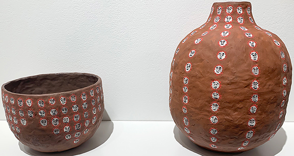 Feheley Fine Arts, Toronto, Canada, showed these two ceramic works by Gayle Uyagaqi Kabloona, a multi-disciplinary Inuit artist who lives in Ottawa. On the left, ILAKKA II, 2023, clay, underglaze, and glaze, 5