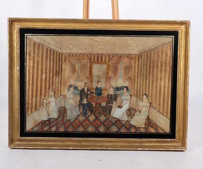 Lot 401 American School, Family in an Elegant Parlor, Watercolor, pen, ink and Mica flakes. Early 19th Century