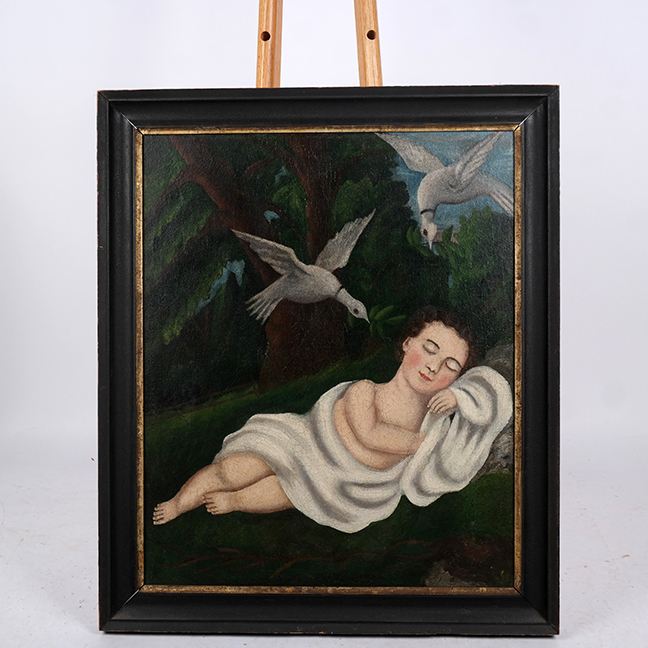 Lot 402 Early American Painting of a Child Sleeping in a Garden