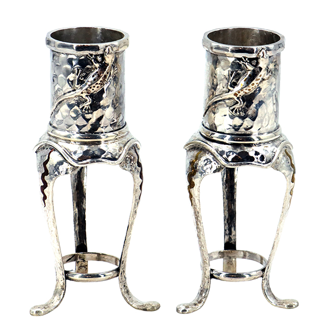 (2) Late 19th-Century Tiffany & Co. Sterling and Mixed Metal Vase or Candle Holders 13.615 ozt.