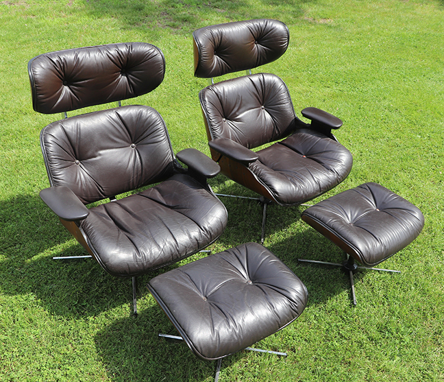 Pair of Black Leather Plycraft Lounge Chairs & Ottomans