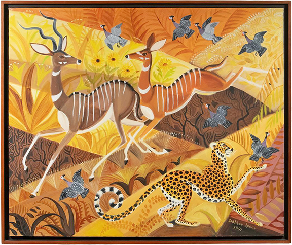 Dahlov Ipcar (1917-2017) titled this oil on Belgian linen painting Tsavo Nyika, meaning the Tsavo Wilderness, when she produced it in 1991 and offered it for $3000. Here the price on the 19&frac34;