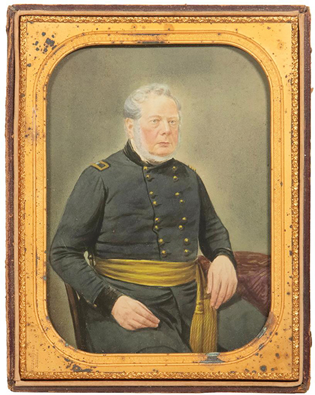 An unsigned watercolor of the man himself, Brigadier General Sylvester Churchill, preserved in a later unhinged bifold daguerreotype frame from the studio of New York photographer Jeremiah Gurney, easily sailed past the $700/900 estimate and sold for $3900.