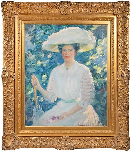 Howard Logan Hildebrandt (1872-1958) was a Pennsylvania artist best known for his portraits of prominent women, often rendered in a lush garden setting. Woman in White, 32