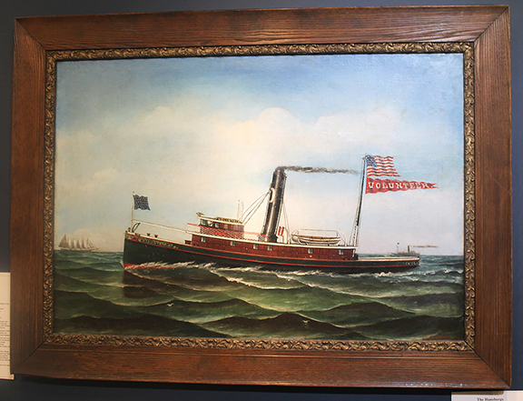 This nautical portrait was offered by The Hanebergs Antiques, East Lyme, Connecticut. The oil on canvas by Otto Muhlenfeld (1871-1907) depicts the steam tug Volunteer. Muhlenfeld is known for his painting in and around the port of Baltimore. This example is signed and dated 1907, measures 23¾