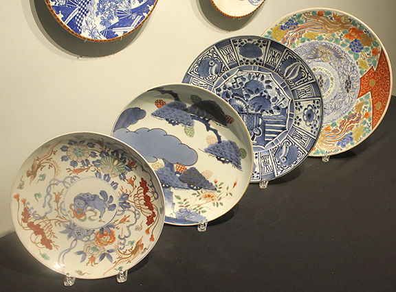 R. J. Ruble of Ericsson Street Antiques, Rochester, New York, is enthusiastic about Japanese porcelain. He believes that in today’s market the range of Japanese wares offers exceptional value. From left to right, the first example, circa 1825, was $825; the second, a 17th-century example, was $1250; the third platter, meant for export to the European market, was $1750; and the fourth is early Imari ware, circa 1700, priced at $1650.