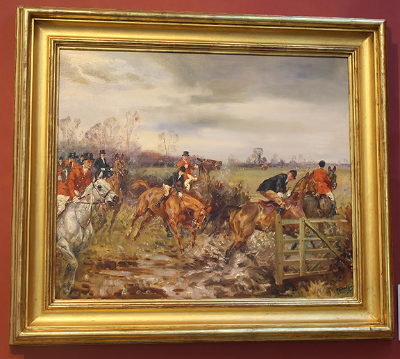 This oil on canvas was offered by Archie Parker of The Parker Gallery, Upton, Hampshire, England. Titled The Gateway, the painting is by English sporting artist Michael Lyne (1912-1989). The 20