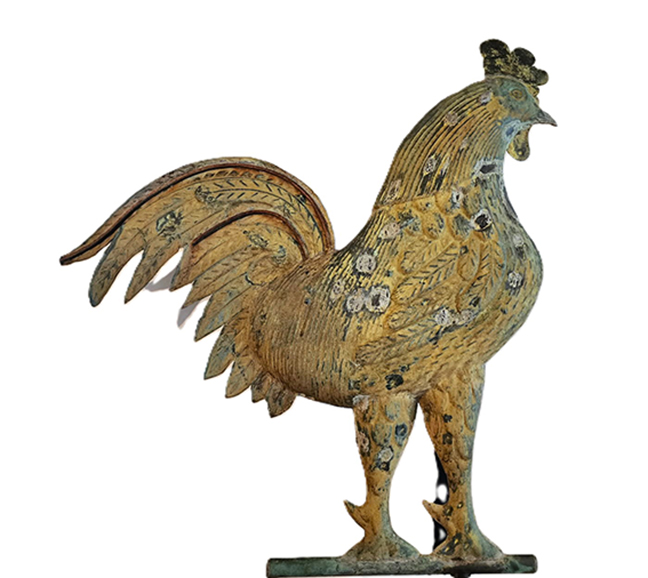 Large copper rooster, about 3 feet tall x 3 feet wide, was found in Woodstock, VT, out of a Dupont house. A similar example is illustrated in the Klamkin book on weathervanes, Shelburne Museum, page 82. C. 1890. Ample holes lead filled. Nice surface.