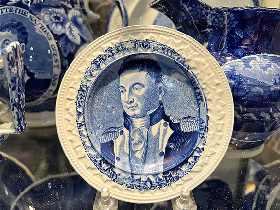 William R. and Teresa F. Kurau, Lampeter, Pennsylvania, offered this large toddy cup plate by Enoch Wood & Sons and Ralph and James Clews featuring a portrait of the Marquis de Lafayette for $1450. It was part of the large collection of Lafayette-themed blue-and-white Staffordshire pottery they brought to the show.